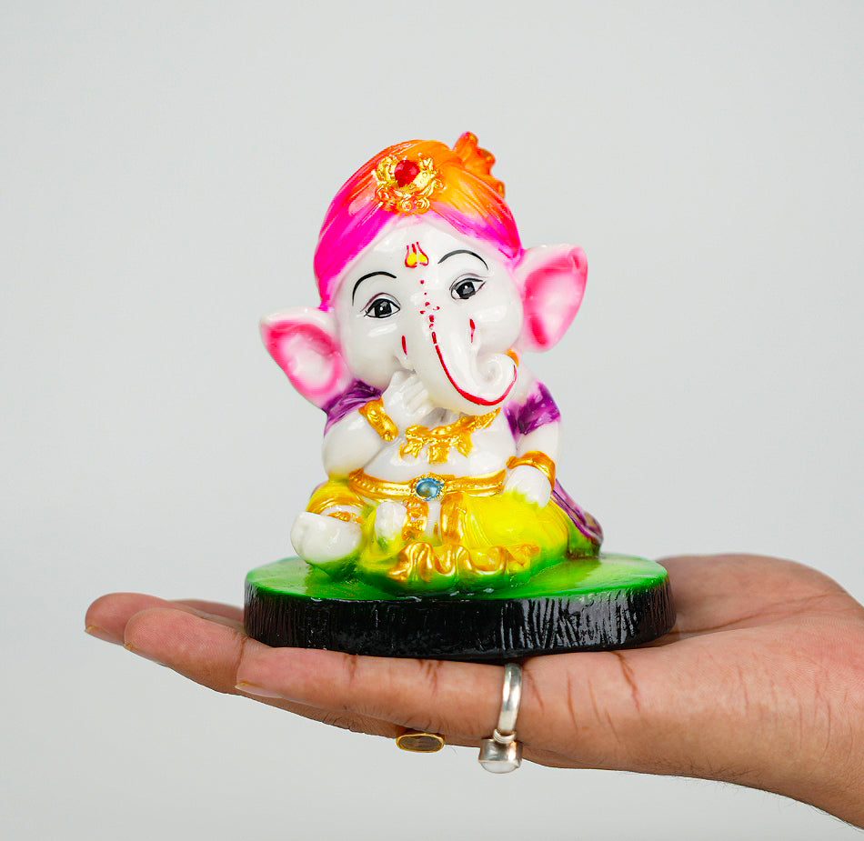 Cute Ganesha Statue Sculpture Hindu God Idol Handmade Figurine Good Luck Gift for Car Dashboard- Purple Cap & Green Base (SBMV000106)