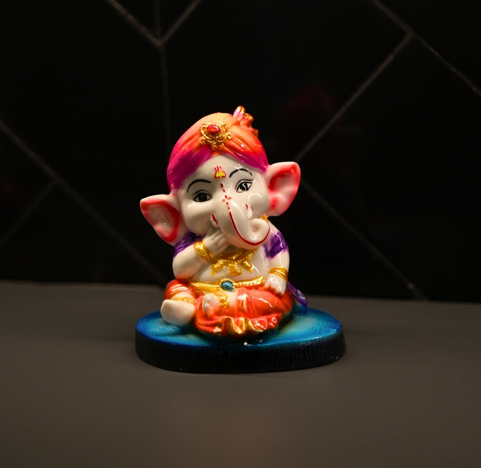 Cute Ganesha Statue Sculpture Hindu God Idol Handmade Figurine Good Luck Gift for Car Dashboard- Purple Pagdi, Blue Base