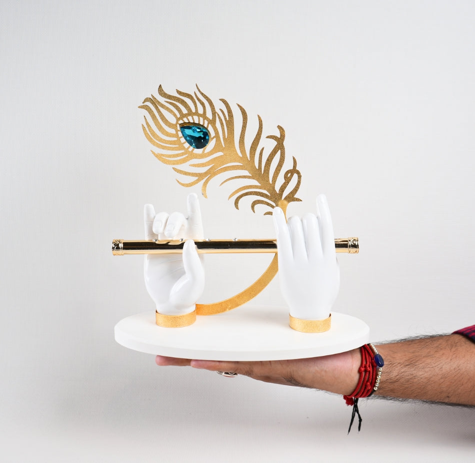 Lord Krishna White Hand Holding Gold Plated Flute Showpiece - for Car Dashboard, Home Decor, Gifting - White Color