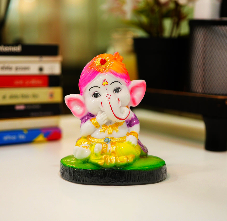 Cute Ganesha Statue Sculpture Hindu God Idol Handmade Figurine Good Luck Gift for  home, Mandir, Office, Pooja Table Prayer Figurine Resin Statue - Purple Cap & Green Base