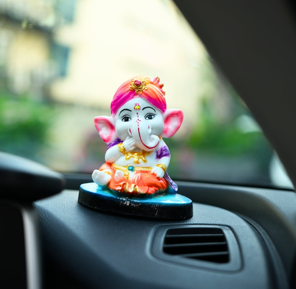Cute Ganesha Statue Sculpture Hindu God Idol Handmade Figurine Good Luck Gift for Car Dashboard- Purple Pagdi, Blue Base