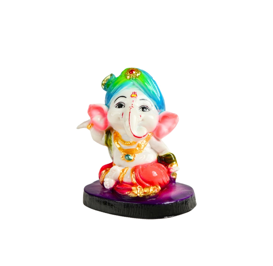 Cute Ganesha Statue Sculpture Hindu God Idol Handmade Figurine Good Luck Gift for  home, Mandir, Office, Pooja Table Prayer Figurine Resin Statue - Blue Pagdi, Purple Base