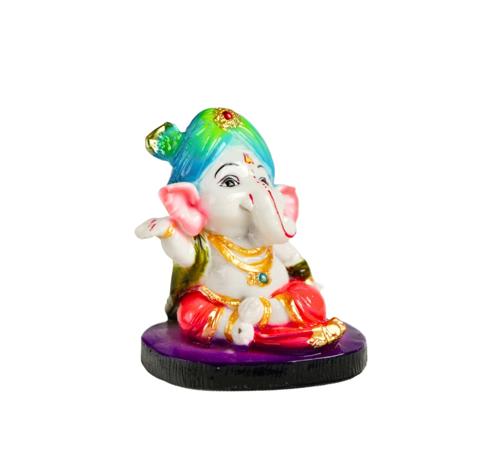 Cute Ganesha Statue Sculpture Hindu God Idol Handmade Figurine Good Luck Gift for  home, Mandir, Office, Pooja Table Prayer Figurine Resin Statue - Blue Pagdi, Purple Base