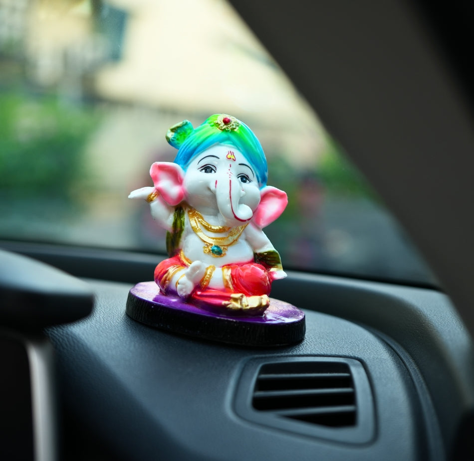 Cute Ganesha Statue Sculpture Hindu God Idol Handmade Figurine Good Luck Gift for Car Dashboard- Blue Pagdi, Purple Base
