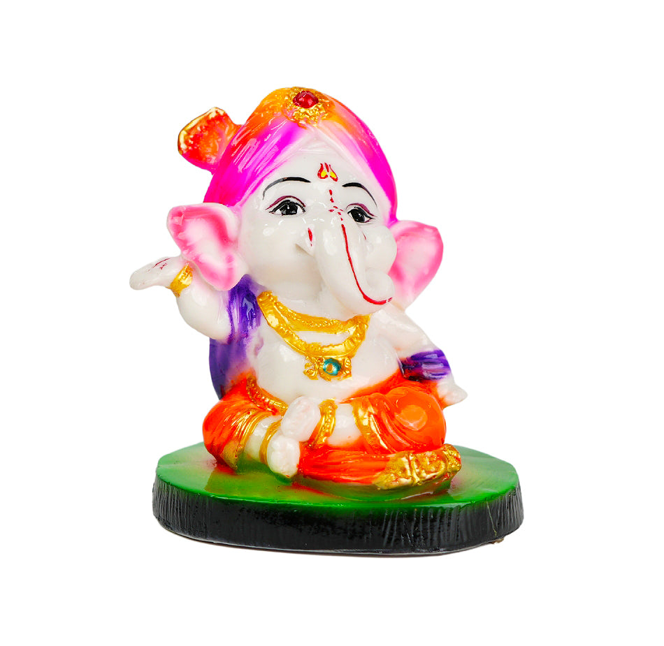 Cute Ganesha Statue Sculpture Hindu God Idol Handmade Figurine Good Luck Gift for Car Dashboard- Purple Cap & Green Base (SBMV000100)