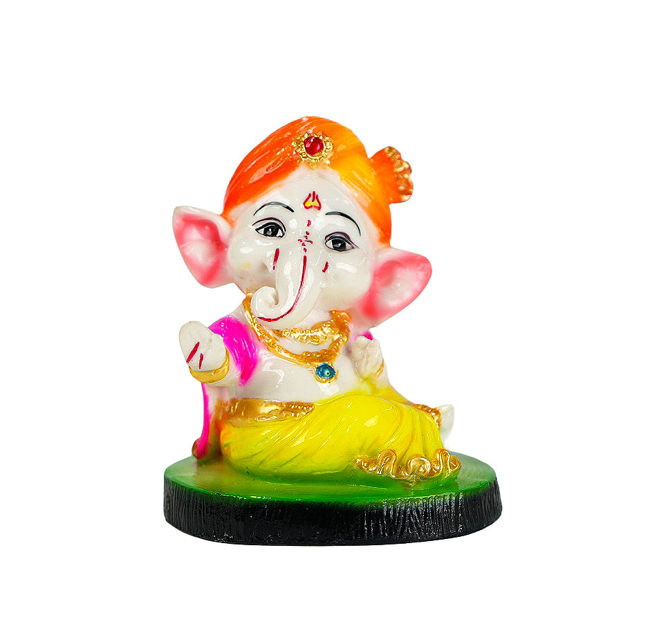 Cute Ganesha Statue Sculpture Hindu God Idol Handmade Figurine Good Luck Gift for Car Dashboard- Orange Cap & Green Base (SBMV000104)