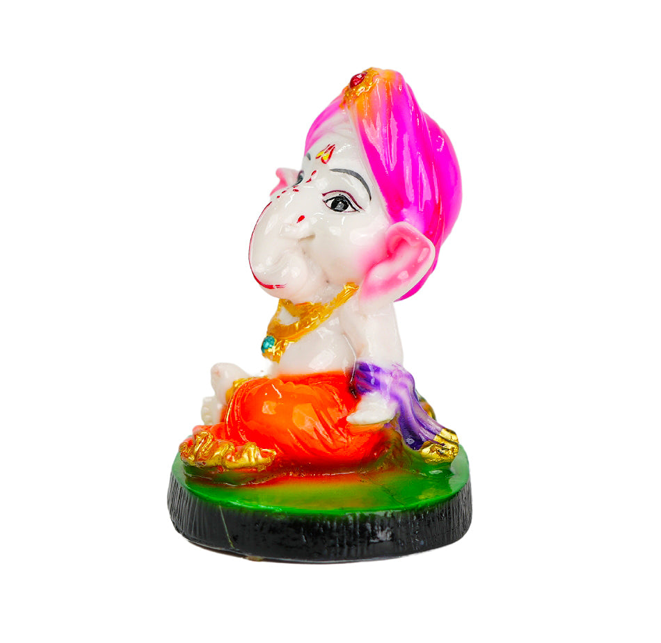 Cute Ganesha Statue Sculpture Hindu God Idol Handmade Figurine Good Luck Gift for Car Dashboard- Purple Cap & Green Base (SBMV000100)