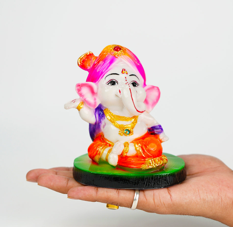 Cute Ganesha Statue Sculpture Hindu God Idol Handmade Figurine Good Luck Gift for Car Dashboard- Purple Cap & Green Base (SBMV000100)