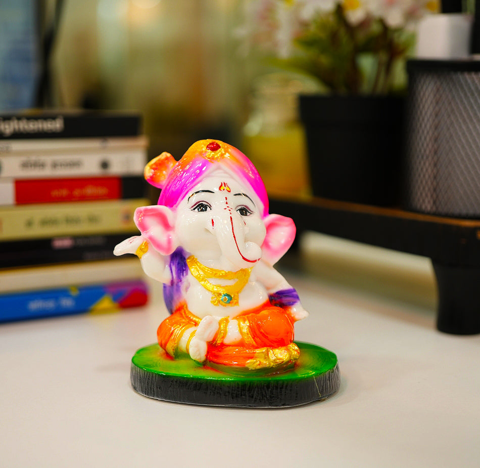 Cute Ganesha Statue Sculpture Hindu God Idol Handmade Figurine Good Luck Gift for  home, Mandir, Office, Pooja Table Prayer Figurine Resin Statue - Purple Cap & Green Base