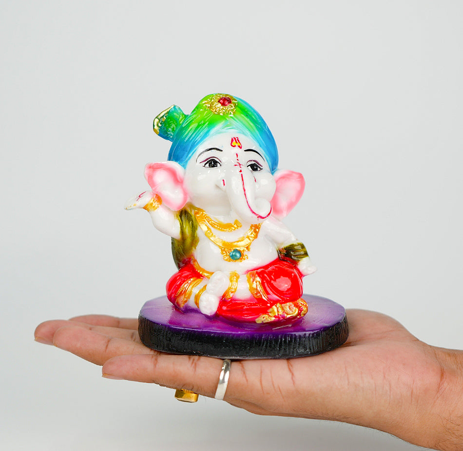 Cute Ganesha Statue Sculpture Hindu God Idol Handmade Figurine Good Luck Gift for  home, Mandir, Office, Pooja Table Prayer Figurine Resin Statue - Blue Cap & Purple Base