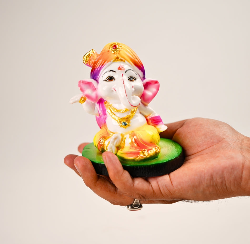 Cute Ganesha Statue Sculpture Hindu God Idol Handmade Figurine Good Luck Gift for Car Dashboard- Yellow, Green Base