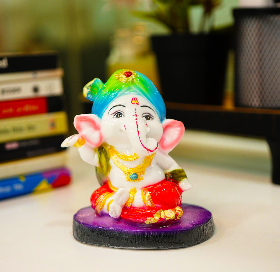 Cute Ganesha Statue Sculpture Hindu God Idol Handmade Figurine Good Luck Gift for  home, Mandir, Office, Pooja Table Prayer Figurine Resin Statue - Blue Cap & Purple Base