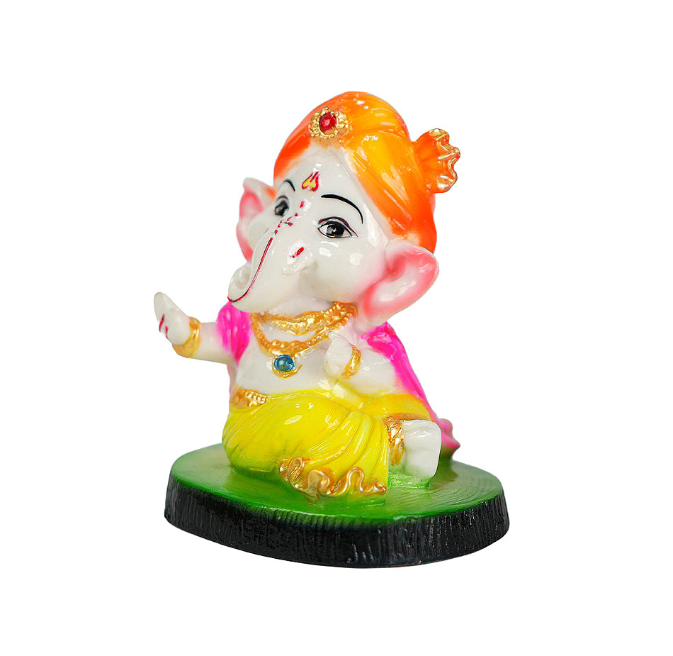 Cute Ganesha Statue Sculpture Hindu God Idol Handmade Figurine Good Luck Gift for Car Dashboard- Orange Cap & Green Base (SBMV000104)