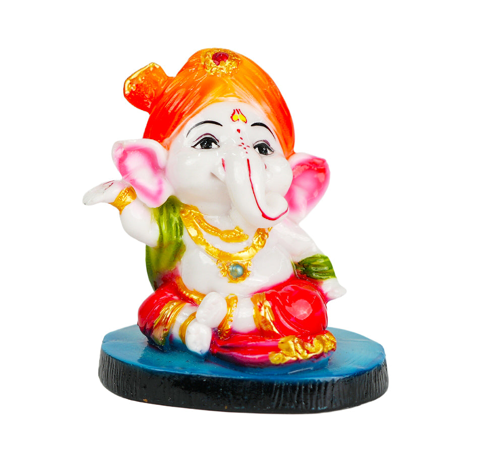 Cute Ganesha Statue Sculpture Hindu God Idol Handmade Figurine Good Luck Gift for Car Dashboard- Orange Cap & blue Base (SBMV000098)