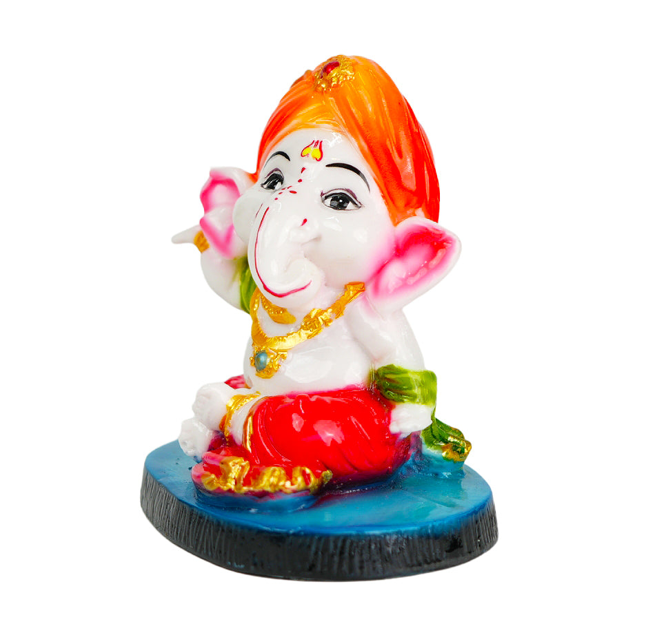 Cute Ganesha Statue Sculpture Hindu God Idol Handmade Figurine Good Luck Gift for Car Dashboard- Orange Cap & blue Base (SBMV000098)