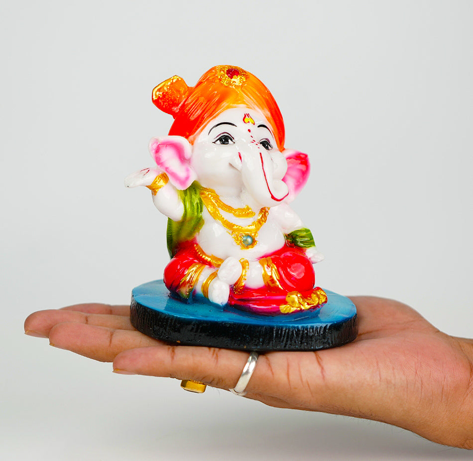 Cute Ganesha Statue Sculpture Hindu God Idol Handmade Figurine Good Luck Gift for Car Dashboard- Orange Cap & blue Base (SBMV000098)