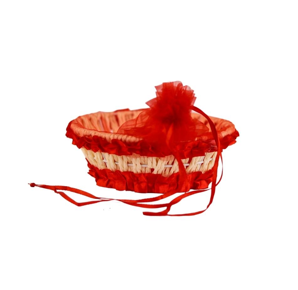 Decorative Hand-Crafted Net Ribbon Gift Basket Red, Tie Up Round Gift Basket Hamper Basket Packing Basket- Red, Blue, Pink Color (Combo of 3 )