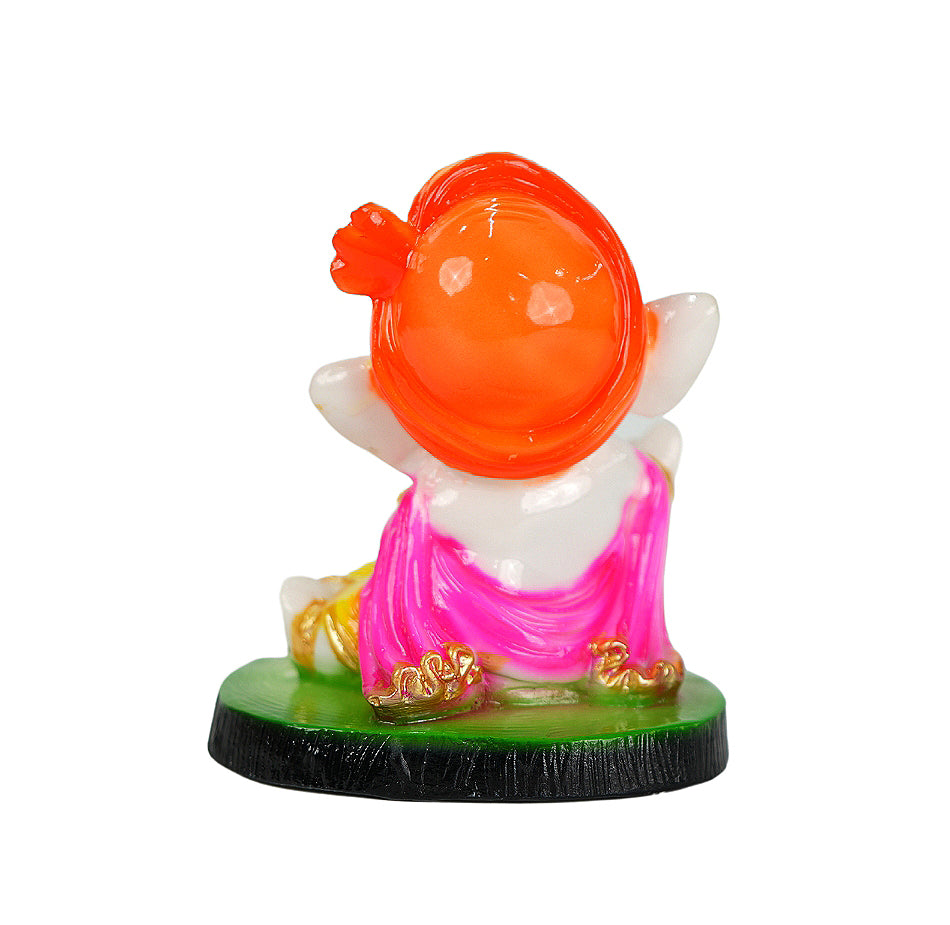 Cute Ganesha Statue Sculpture Hindu God Idol Handmade Figurine Good Luck Gift for Car Dashboard- Orange Cap & Green Base (SBMV000104)