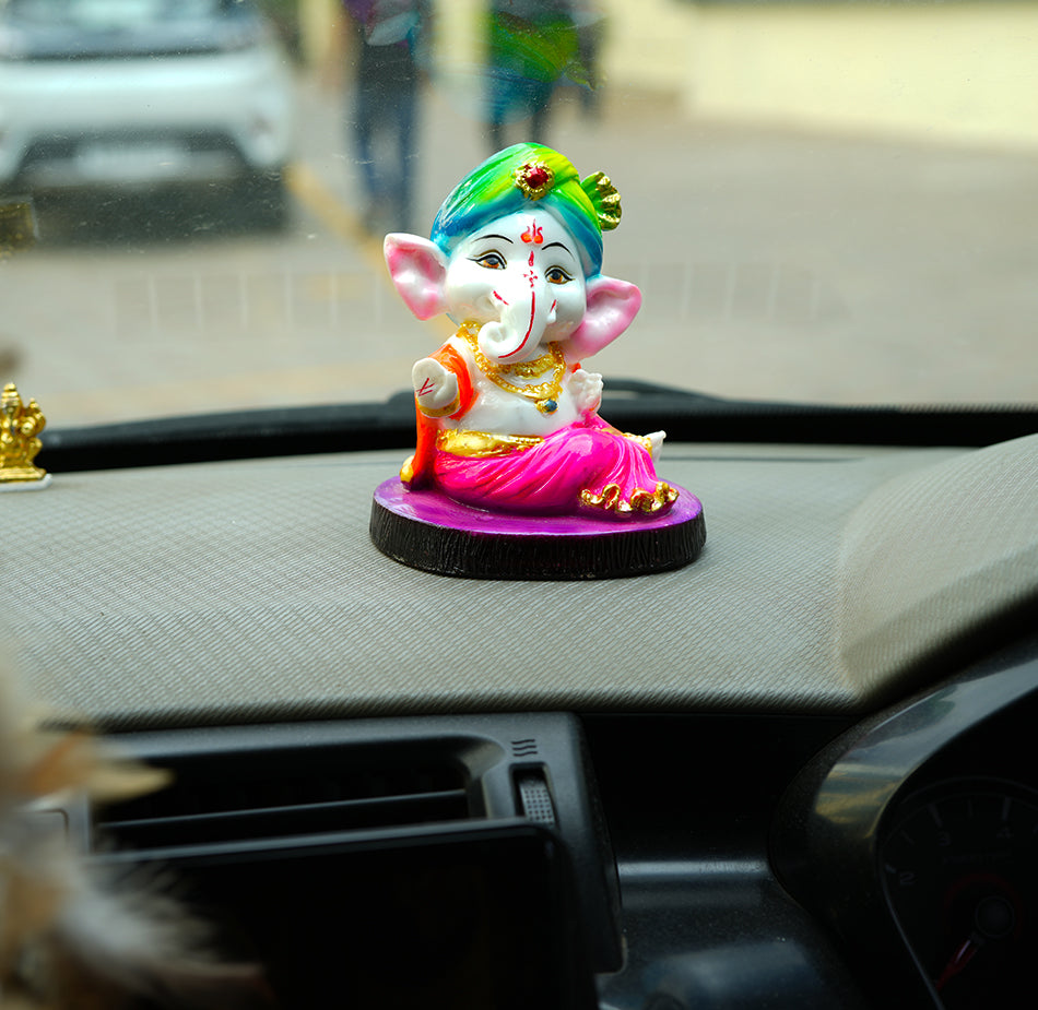 Cute Ganesha Statue Sculpture Hindu God Idol Handmade Figurine Good Luck Gift for Car Dashboard- Purple Base