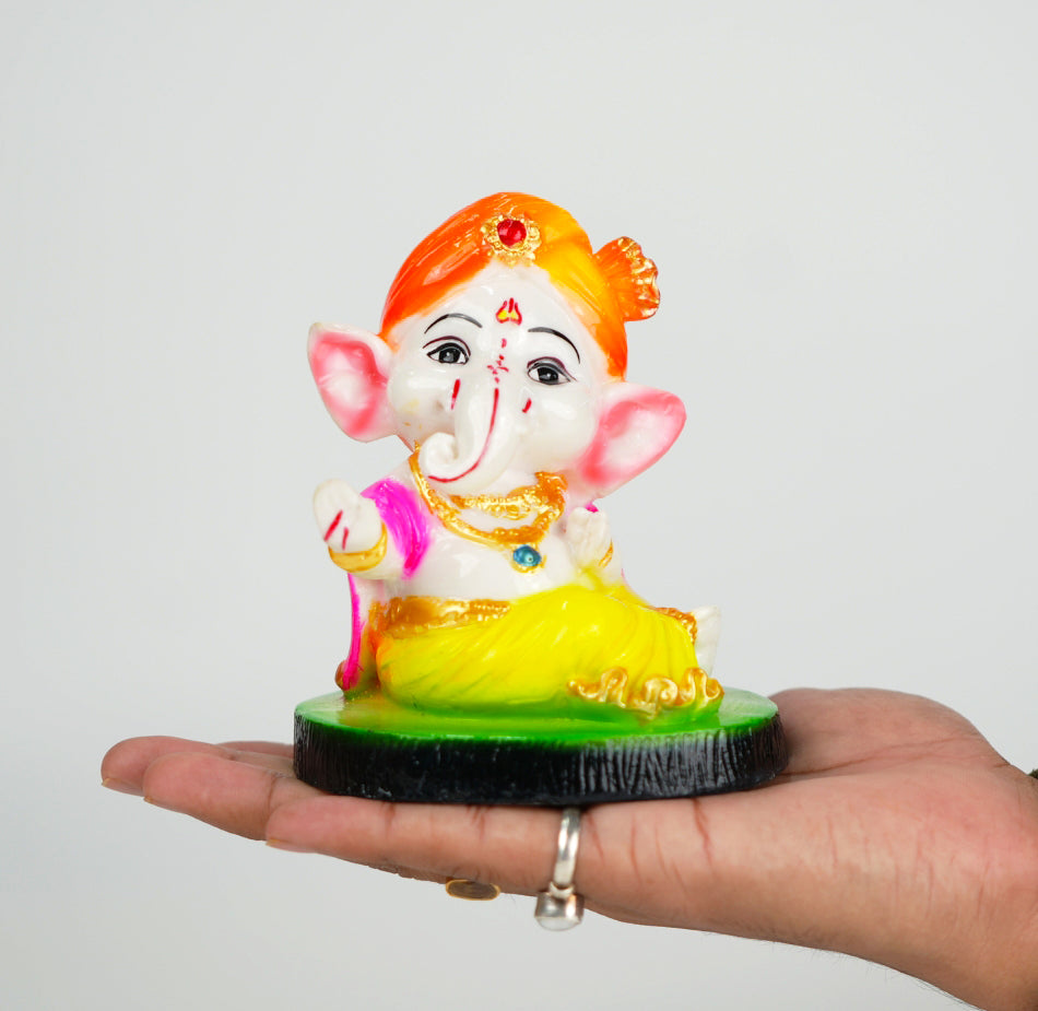Cute Ganesha Statue Sculpture Hindu God Idol Handmade Figurine Good Luck Gift for Car Dashboard- Orange Cap & Green Base (SBMV000104)