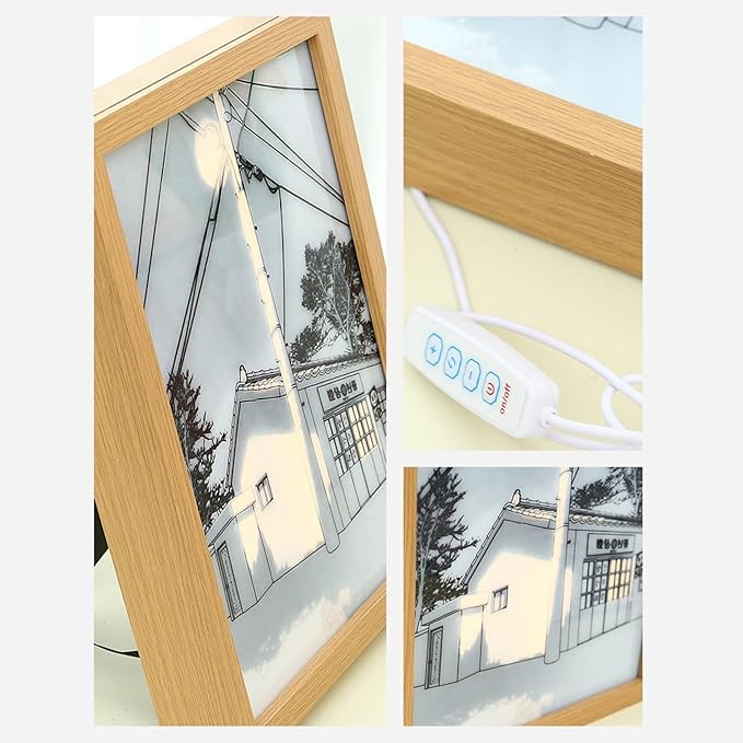 LED Decorative Light Painting, USB 5V Brightness Adjustable Button Control Compact Solid Wood Frame LED Light Painting Bedside Picture for Wall