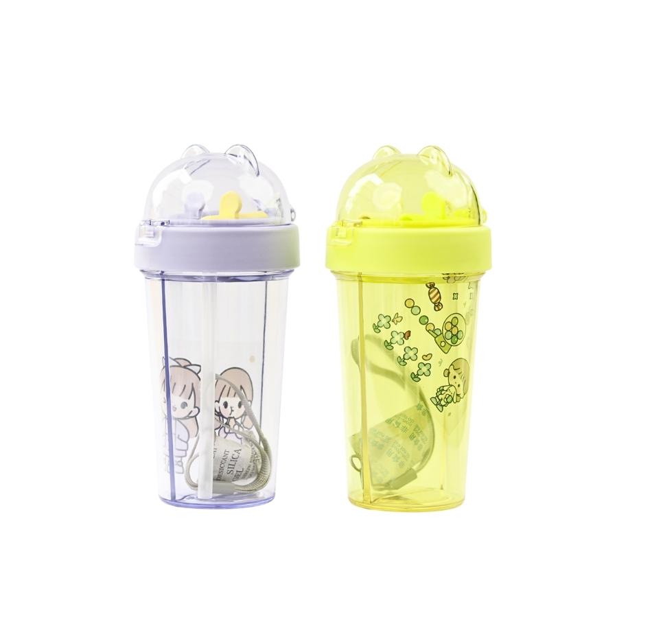 Dual-Purpose Straw bottle Children Plastic Water Bottle Student Couple Water Cup, Capacity 420ml- Set of 2