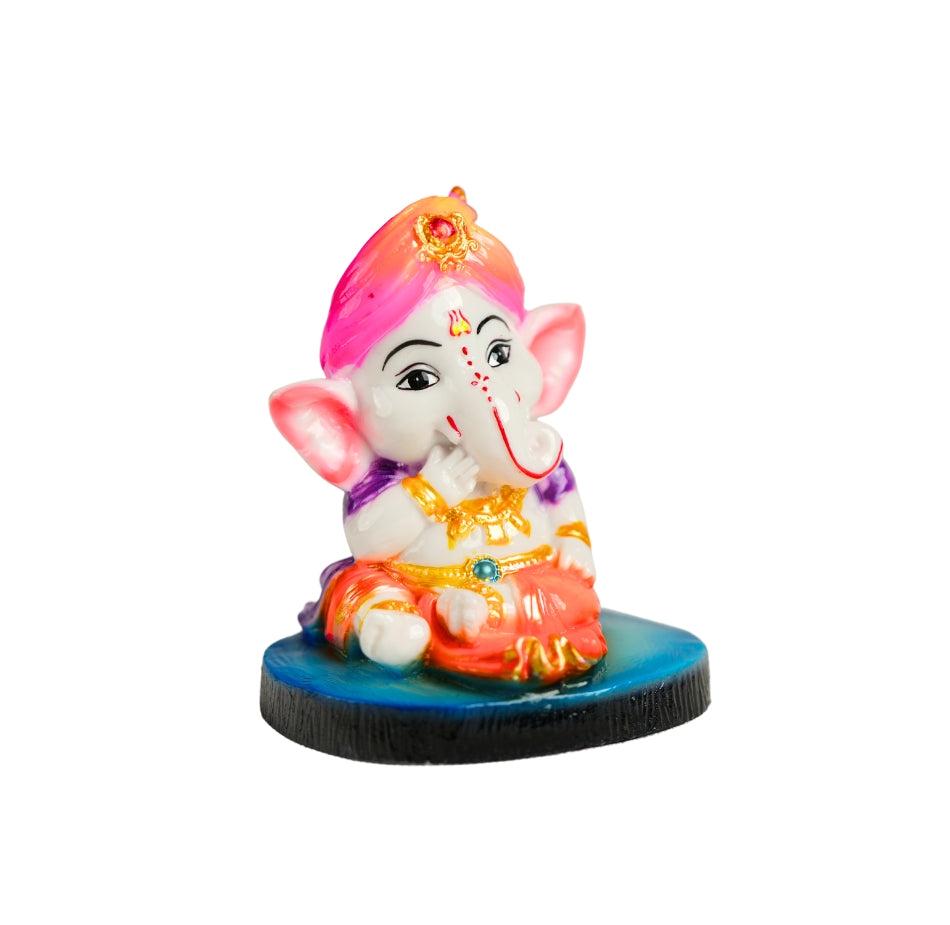 Cute Ganesha Statue Sculpture Hindu God Idol Handmade Figurine Good Luck Gift for Car Dashboard- Purple Pagdi, Blue Base