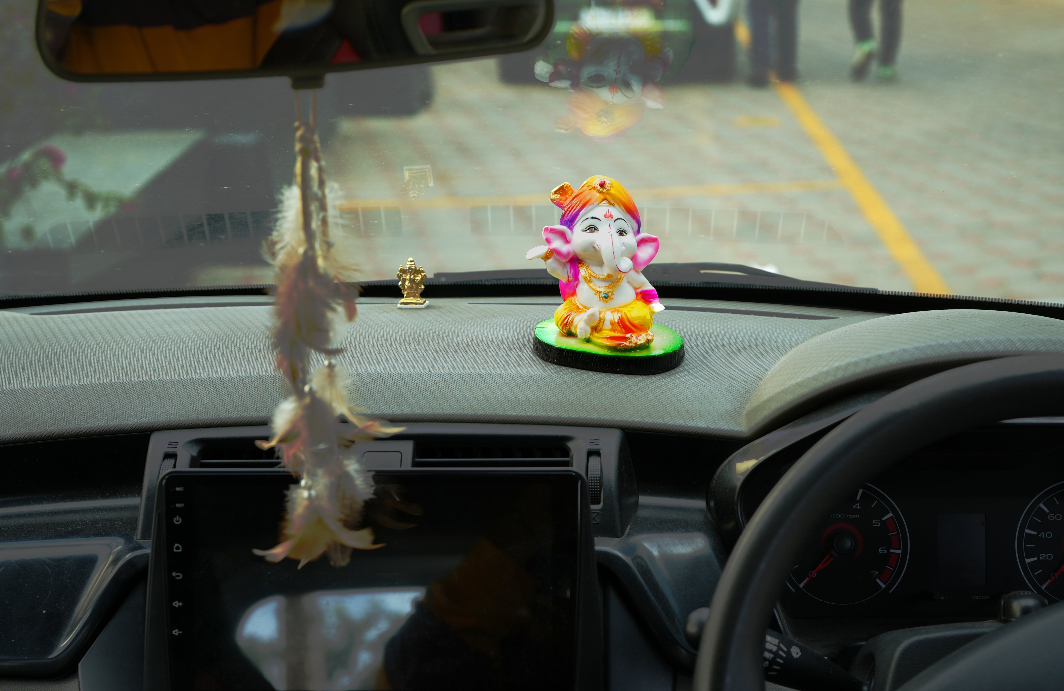 Cute Ganesha Statue Sculpture Hindu God Idol Handmade Figurine Good Luck Gift for Car Dashboard- Yellow, Green Base