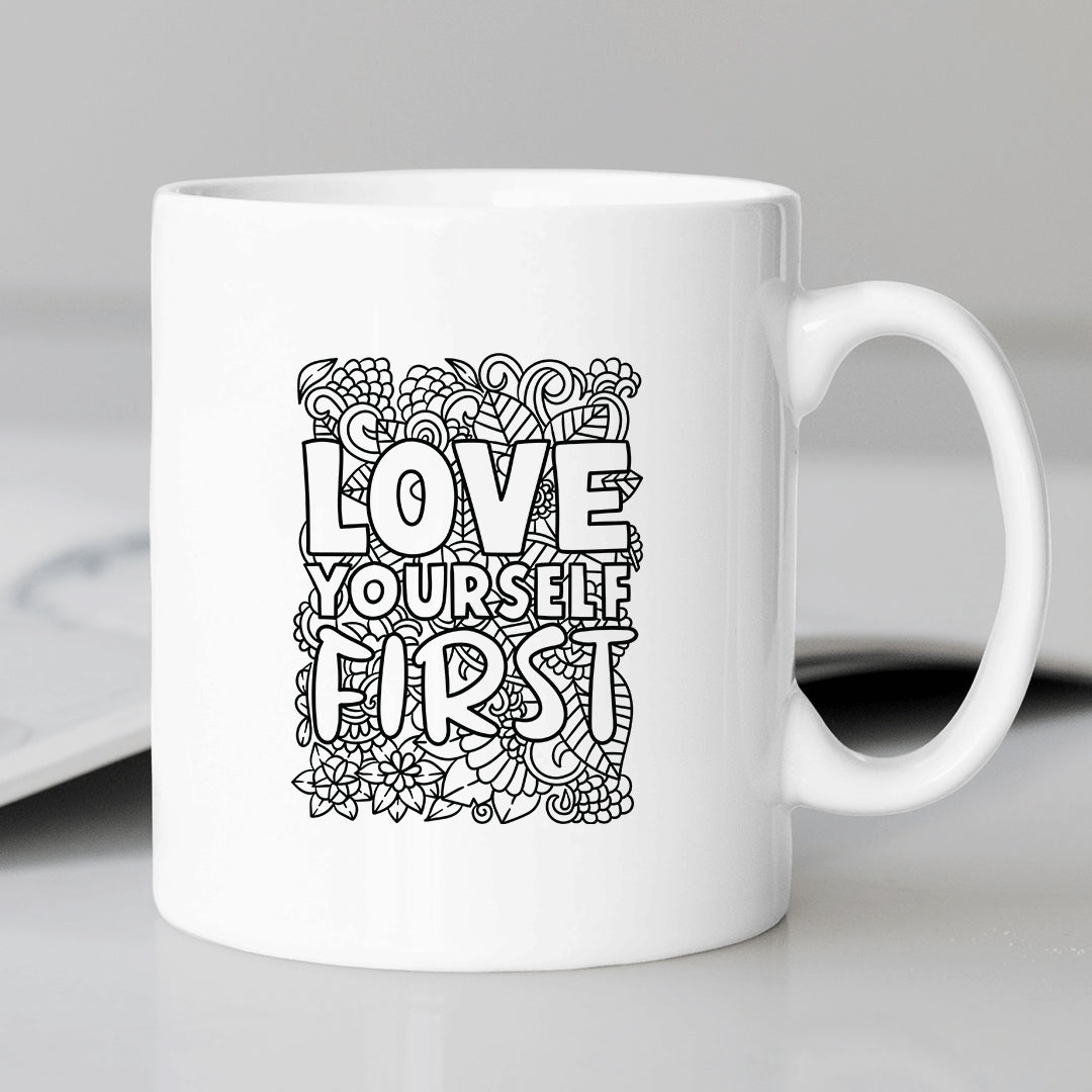 Cute Doodles Theme Love Yourself First Printed Coffee Mug Microwave Safe Coffee Mug for Gift