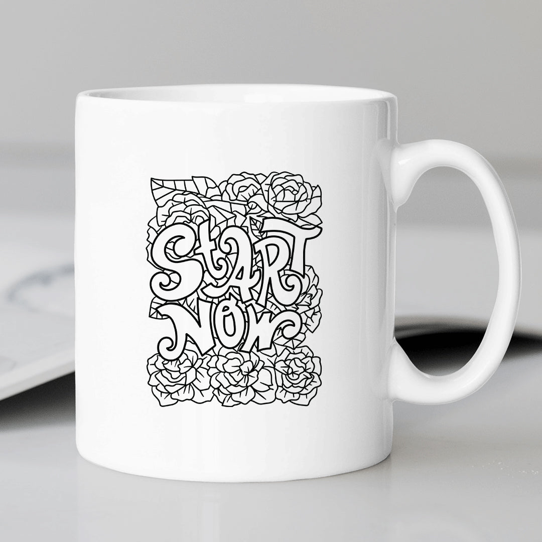 Cute Doodles Theme Start Now Printed Coffee Mug Microwave Safe Coffee Mug for Gift