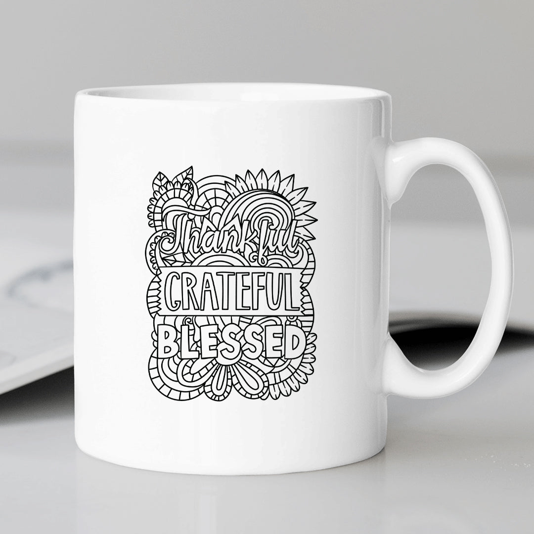 Cute Doodles Theme Thankful Greatful Blessed Printed Coffee Mug Microwave Safe Coffee Mug for Gift