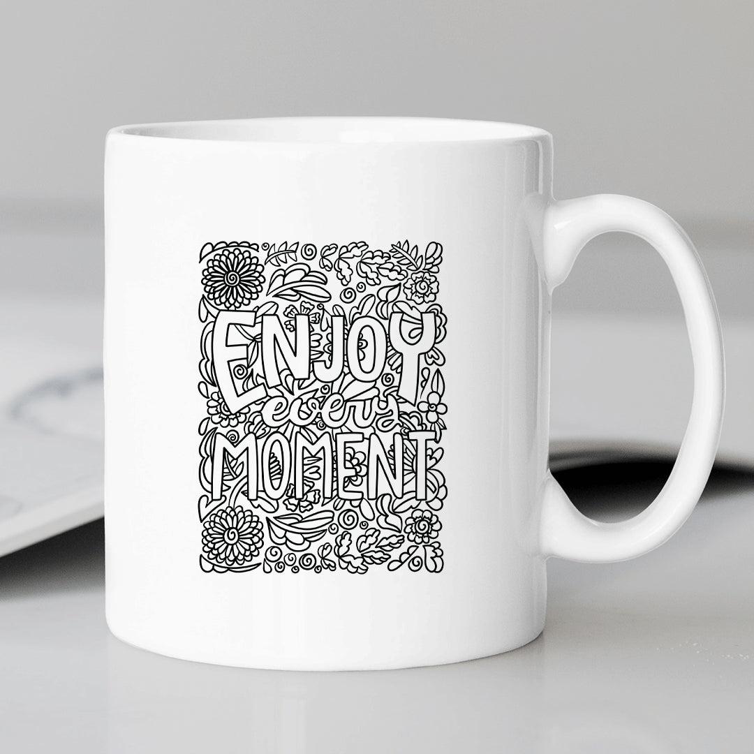 Cute Doodles Theme Enjoy Every Moment Printed Coffee Mug Microwave Safe Coffee Mug for Gift
